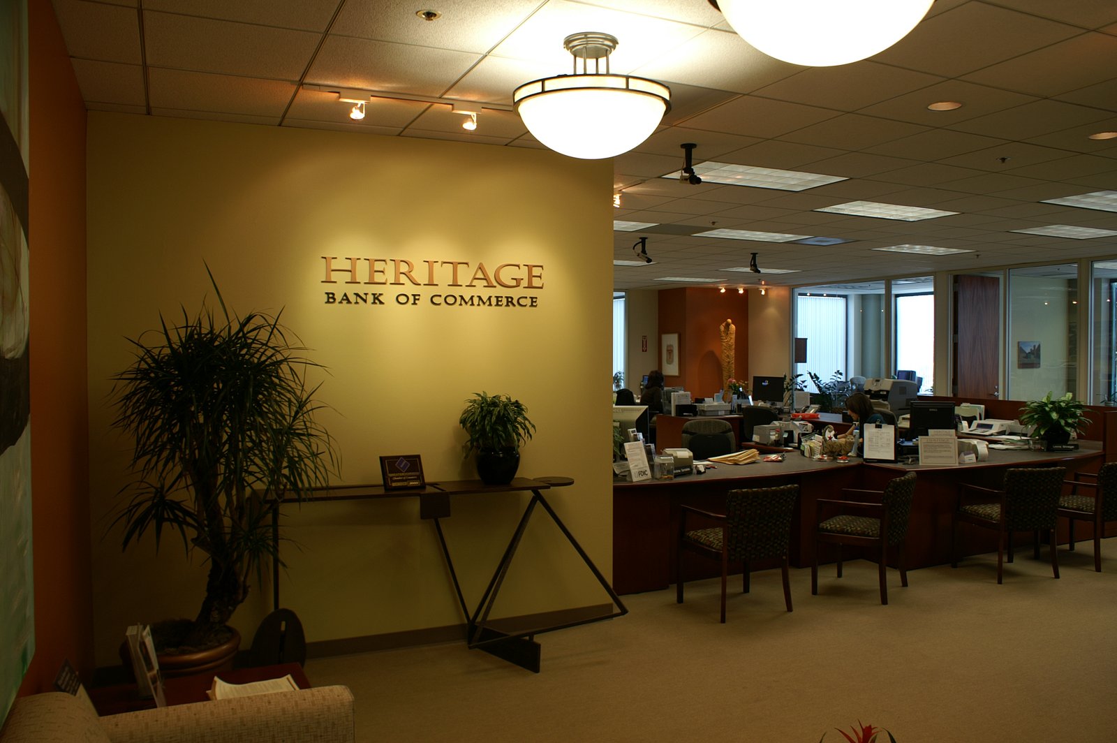 Heritage Bank of Commerce brass interior lobby letters, Walnut Creek