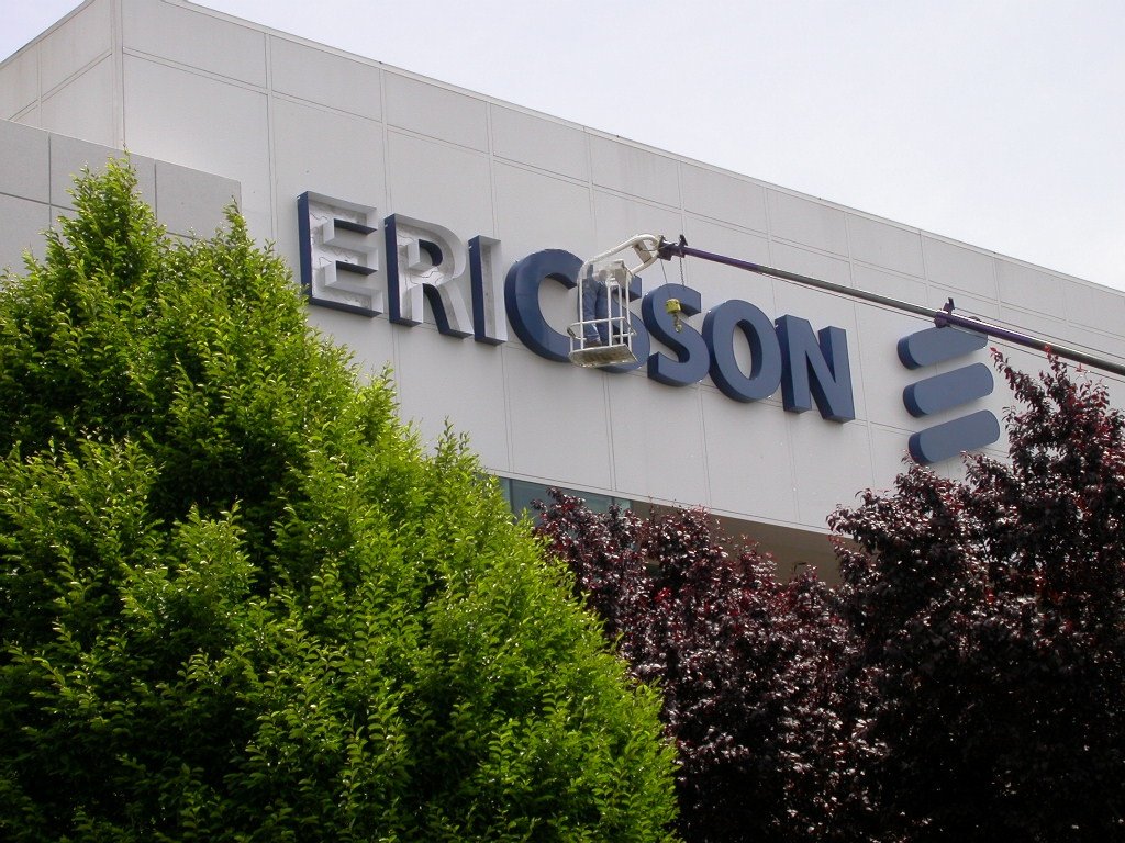 Ericsson channel letters installation with boom lift, Silicon Valley